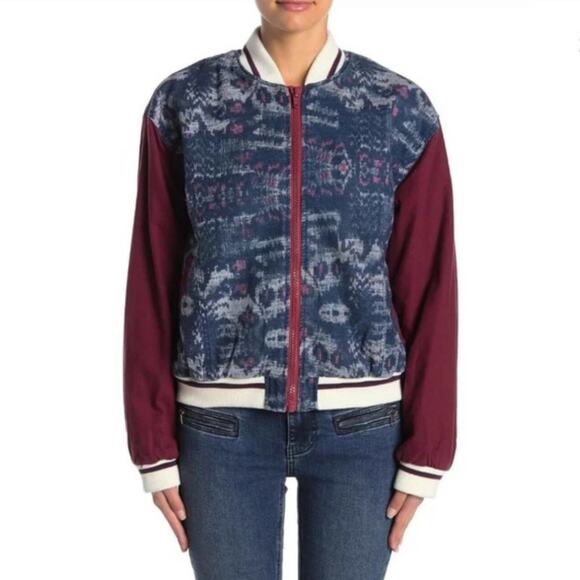 FREE PEOPLE Varsity of Dreams Bomber Jacket Denim Maroon - Picture 1 of 7